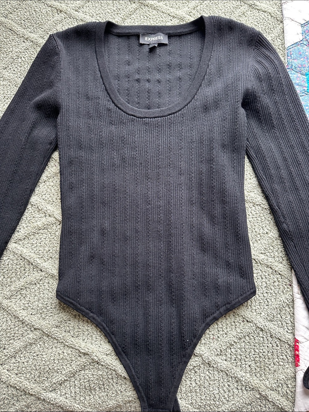 Express Black Ribbed Long Sleeve Bodysuit Top